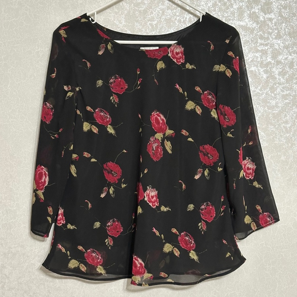 Leslie Fay Rose Floral Print Chiffon Blouse Sheer 3/4 Sleeve Black Red 14P